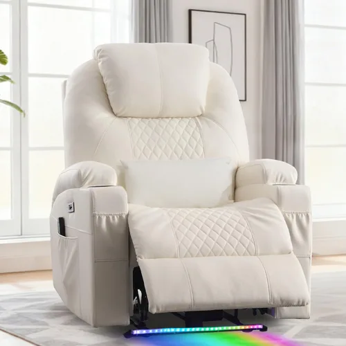 Vista 9 de Silla reclinable eléctrica con calor y masaje para adultos, asiento reclinable eléctrico de cine en casa con luces LED, portavasos, bolsillo