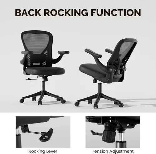 Vista 6 de Silla de escritorio para computadora con ruedas, silla de oficina de malla con brazos abatibles, soporte lumbar ajustable, silla de escritorio Negro
