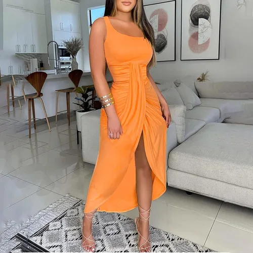 Vista 2 de Vestido de cóctel para mujer, de verano, talla grande, sin tirantes, delgado, sexy, con dobladillo dividido, vestido largo para playa, fiesta, club