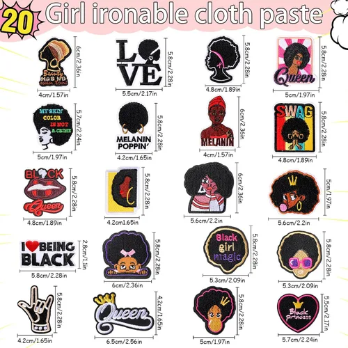 Vista 2 de Yunsailing 20 parches bordados para ropa de niña negra, parches bordados para coser en apliques para ropa, mochilas, jeans, chaquetas, manualidades
