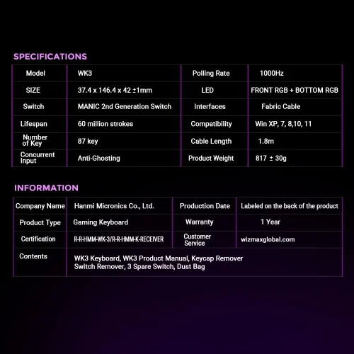 Vista 9 de WIZMAX WK3 TKL 80 Wireless Mechanical Gaming Keyboard Triple Mode BT5024GUSB-C Hot Swappable Mechanical Keyboard 87 Keys Wireless Bluetooth Keyboard