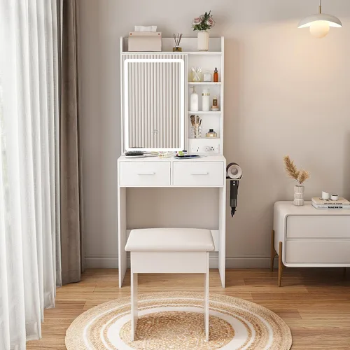 Vista 16 de Escritorio de tocador abatible con espejo iluminado LED y toma de corriente integrada, mesa de tocador de maquillaje con 2 cajones, almacenamiento