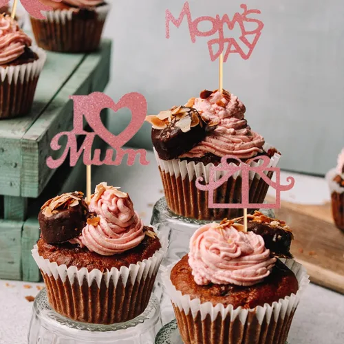 Vista 4 de Decoración para cupcakes para el Día de la Madre, 24 piezas con purpurina para fiesta de cumpleaños, suministros de cartón y bambú de primera calidad