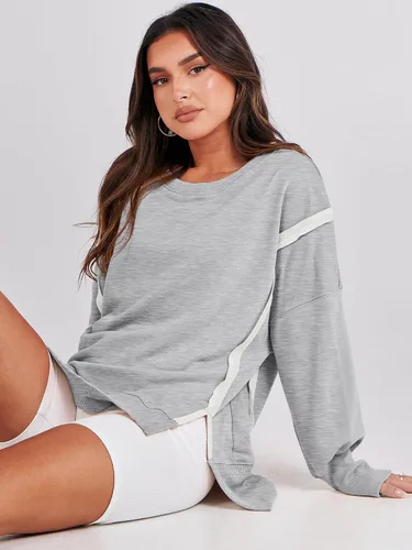 Vista 9 de ANRABESS Sudadera de gran tamaño para mujer, cuello redondo, manga larga, casual, con abertura, sin botones, ropa de otoño