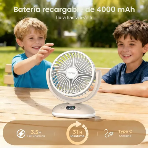 Vista 3 de TriPole Ventilador de escritorio pequeño silencioso y recargable mini Beige