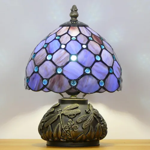 Vista 5 de Pequeña Lámpara Tiffany Mini Lámpara de Mesa de Vidrio Manchado Estilo Perla Púrpura Seta Lámpara de Acento 8X11 Pulgadas
