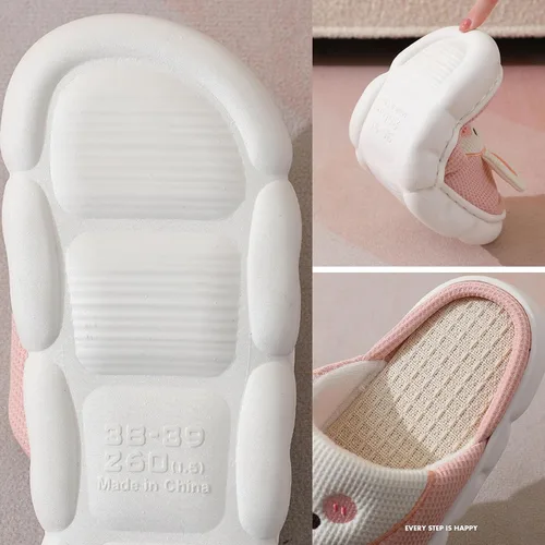 Vista 4 de Aucomfo Pantuflas de lino, bonitas pantuflas de animales para mujeres y hombres, bonitas pantuflas de casa para mujeres, pantuflas de casa kawaii