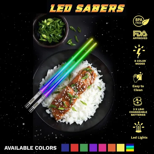 Vista 6 de LIGHTSABER CHOPSTICKS LIGHT UP STAR LED WARS Glowing Light Saber Chop Sticks REUSABLE Sushi Lightup Sabers Removable Handle Dishwasher Safe 8