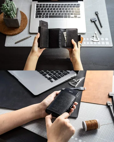 Vista 4 de VULKIT Tarjetero de cuero con bloqueo RFID, billetera desplegable automática con bloqueo RFID, cartera magnética para tarjetas doble para hombres