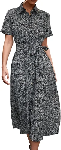 Vista 3 de Vestidos de algodón para mujer estilo casual de verano con botones vintage con lunares cuello y cinturón
