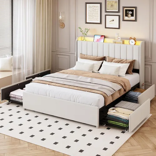 Vista 8 de Marco de cama completa con 4 cajones y cabecera de almacenamiento, marco de cama de plataforma tapizada tamaño completo con luces LED y práctica