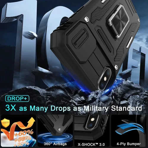 Vista 92 de DEERLAMN Funda para iPhone Xs Max con funda deslizante para cámara + protector de pantalla, soporte giratorio de anillo de grado militar a prueba
