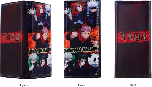 Vista 3 de Anime Jujutsu Kaisen - Carteras para hombre, billetera larga bi-plegable, de piel sintética, cartera alta con tarjetero, color negro, Jujutsu