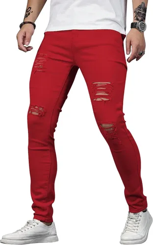 Vista 6 de HUNGSON Men's Blue Slim Fit Jeans Stretch Destroyed Ripped Skinny Jeans Side Striped Denim Pants