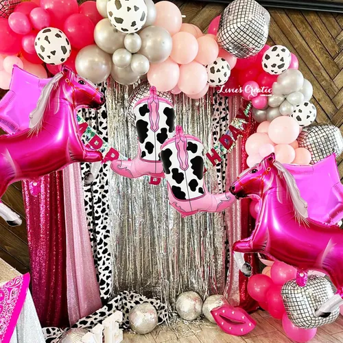 Vista 6 de 6 globos de fiesta de vaquera occidental, botas de vaquera rosa, globos de caballo para niñas, temática occidental, cumpleaños, baby shower