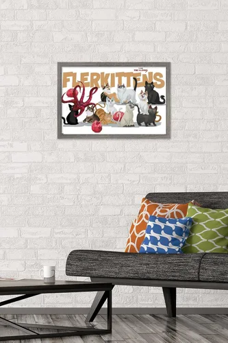Vista 2 de Marvel The Marvels - Póster de pared de Flerkittens, 22.4 pulgadas de largo x 14.7 pulgadas de ancho, versión enmarcada de madera de granero