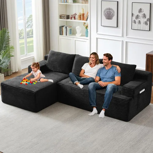 Vista 6 de Sofá seccional Cloud de 96 pulgadas, sofá deshuesado para sala de estar, sofá modular con asiento profundo, sofá de pana cómodo y esponjoso con Negro