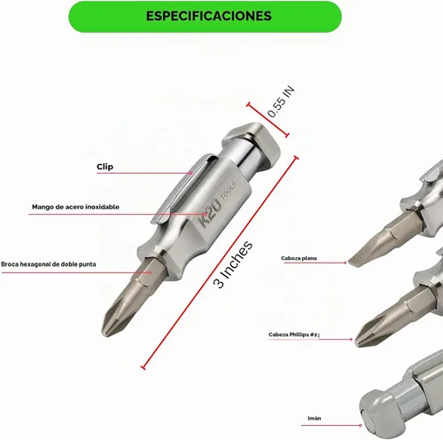 Vista 4 de Destornillador de bolsillo con imán y clip (acero inoxidable) de doble extremo con Phillips, cabeza plana