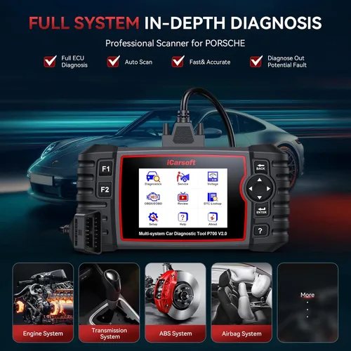 Vista 3 de iCarsoft - P700 V2.0 - Escáner de diagnóstico automático para Porsche con diagnóstico del motor/transmisión/ABS/Airbag, lector de código OBD2