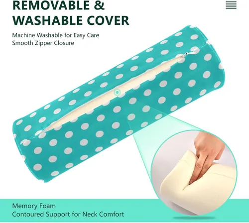 Vista 4 de Polka Dots White Blue Neck Roll Pillow for Pain Relief - 17" Bolster Pillow for Sleeping with Breathable Cover - Comfy Memory Foam Round Cylinder