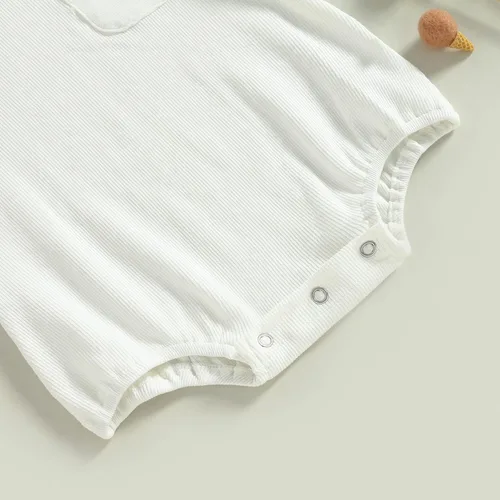 Vista 13 de KMBANGI Mameluco de manga corta con cuello redondo de punto acanalado de color sólido para bebé, niña y niño, traje de verano de una pieza