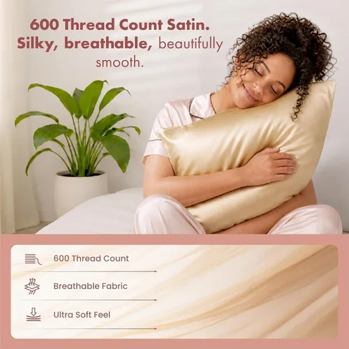 Vista 2 de LUCE Funda de almohada de satén de 600 hilos, comodidad sedosa para cabello y piel, similar a las fundas de almohada de seda para un sueño
