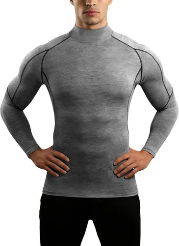 Vista 7 de Camisa de compresión para hombre, cuello alto falso raglán de manga larga, camiseta interior elástica de capa base atlética