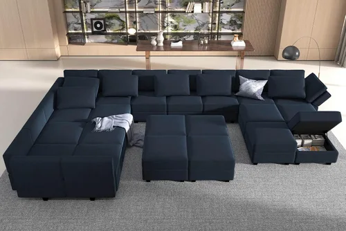 Vista 4 de Belffin Sofá modular grande con asiento de almacenamiento, sofá en forma de U de gran tamaño con tumbona reversible, juego de sofá modular con Azul