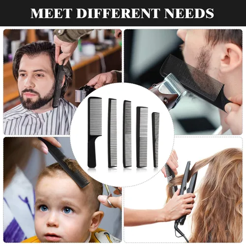 Vista 6 de Peine de corte de pelo, 5 piezas, peine de peluquería para peluquería, dientes finos, juego de cepillos de pelo de carbono, antiestático, resistente