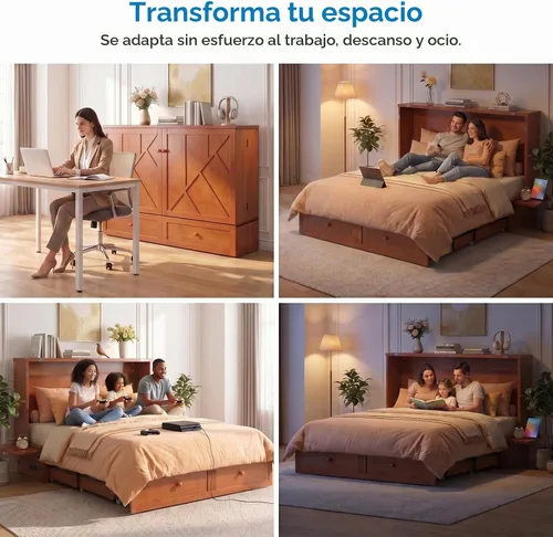 Vista 8 de Mjkone Armario de cama Queen Murphy, cama de pecho Murphy con cajón de almacenamiento, estación de carga USB, panel de noche, camas convertibles