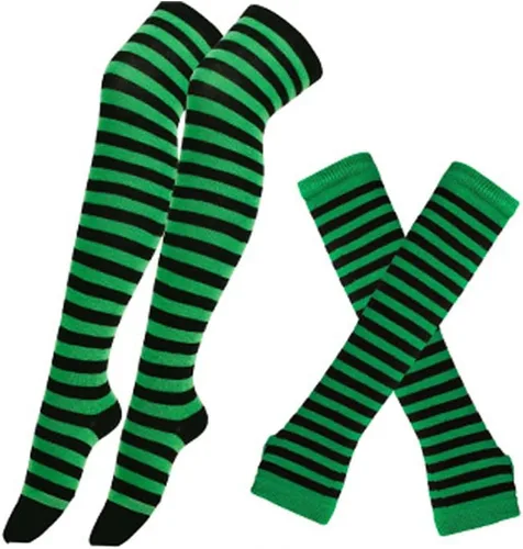 Vista 8 de Benefeet Sox Conjunto de calcetines altos hasta el muslo a rayas arcoíris para mujer, calentadores de brazos, guantes sin dedos, disfraz