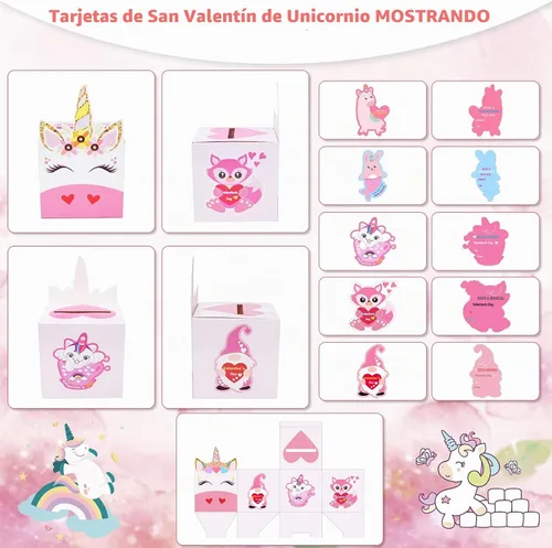 Vista 3 de Cajas de San Valentín, 33 tarjetas de unicornio para el día de San Valentín y buzón de San Valentín para intercambio de suministros de fiesta