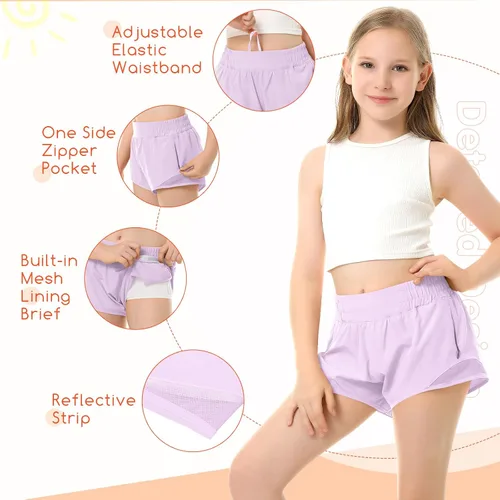 Vista 3 de Pantalones cortos deportivos para niñas, de secado rápido, con bolsillo con cremallera, para adolescentes y niños, pantalones cortos deportivos