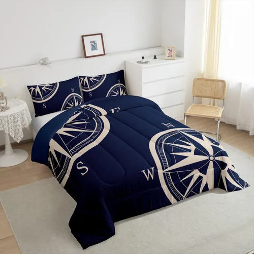 Vista 4 de Juego de edredón de brújula azul marino, tamaño individual, 2 piezas, diseño náutico de vela, estilo simple, para niños, adolescentes, adultos