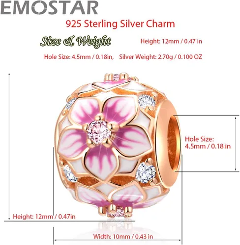 Vista 4 de Los dijes de flores y trébol se adaptan a la pulsera europea Valentiens, dije de flor de magnolia de oro rosa, trébol, copo de nieve brillante