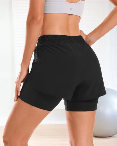 Vista 3 de Stelle Pantalones cortos de correr 2 en 1 para mujer, pantalones cortos deportivos de cintura alta, pantalones cortos de entrenamiento con forro
