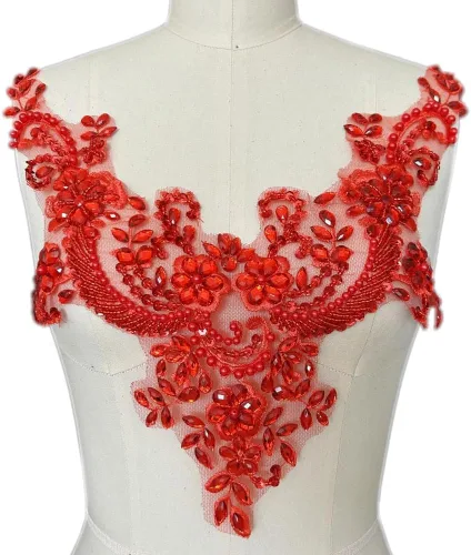 Vista 7 de Parches de encaje con flores y cuentas de perlas, apliques de strass para coser en ropa, cuello (AB)
