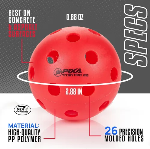 Vista 4 de PIXA Titan Pro 26 - Pelota de pickleball para interiores, aprobada por USAPA, nueva durabilidad mejorada, rebote constante, color rojo rally, Rojo