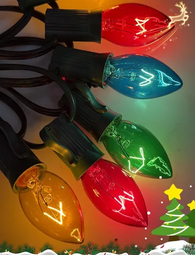 Vista 8 de Luces de Navidad multicolor de 25 pies para exteriores, cadena de luces vintage C7 con 27 bombillas incandescentes transparentes de colores, luces