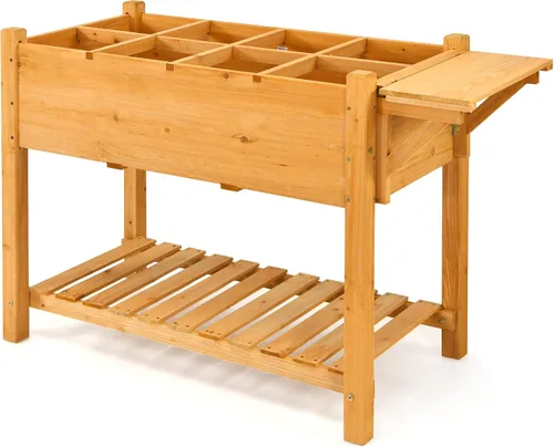 Vista 9 de GIANTEX Maceta elevada, caja de jardín elevada con 8 rejillas y mesa de trabajo lateral, contenedor de madera para plantas al aire libre patio