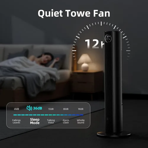 Vista 5 de Antarctic Star - Ventilador de torre portátil, ventilador de piso oscilante de 85°, ventilador silencioso de enfriamiento, temporizador de 12H, Negro
