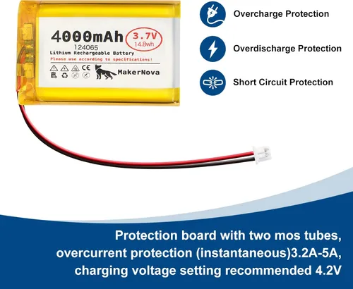 Vista 3 de Batería LiPo de 3.7V 124065 4000mAh, recargable 1S 3C, conector Micro JST 1.25, placa de protección dual, 1 paquete