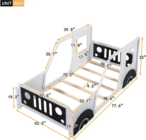 Vista 2 de Cama de plataforma de tamaño individual, cama de plataforma en forma de automóvil con ruedas y ventanas, marco de cama de madera maciza con soporte