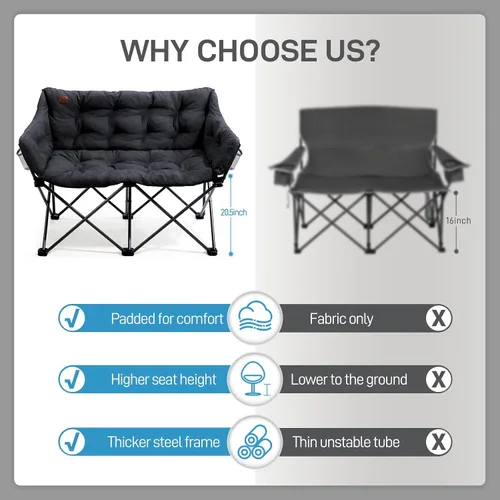 Vista 6 de EVER ADVANCED Silla de Campamento Doble para Adultos, Banco Loveseat de Campamento Plegable Acolchado con Bolsillo Lateral Sofá de Campamento