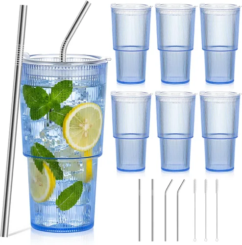 Vista 23 de 2 vasos de plástico de 15 onzas con tapas y pajita, tazas de plástico reutilizables para café helado, a prueba de fugas, vasos de viaje para café