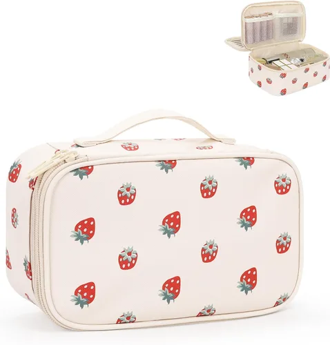 Vista 13 de Relavel Bolsa de maquillaje pequeña para mujer y niña, bolsa de maquillaje y brochas portátil de 2 capas, organizador de brochas de regalo de Navidad