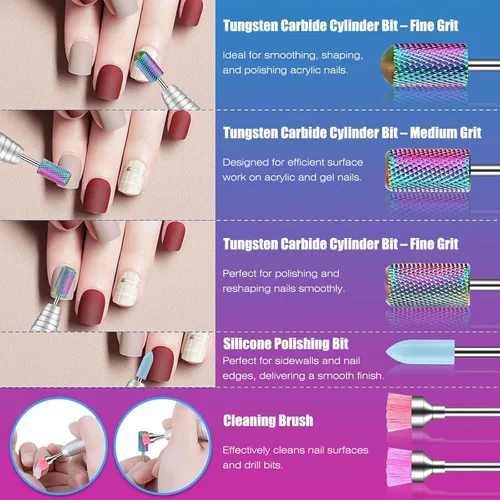 Vista 3 de Juego de 100 brocas de uñas con caja de almacenamiento, 25 brocas profesionales de carburo de tungsteno, cerámica y cutículas + 75 bandas de lijado