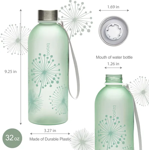 Vista 4 de bzyoo - Botella de agua de 32 onzas / 1 litro con marcador de tiempo, diseño de diente de león, plástico duradero, sin BPA, reutilizable con marcas