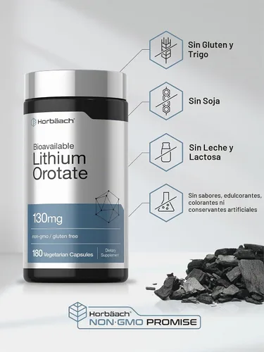 Vista 5 de Horbäach Orotato de litio 130mg 180 Cápsulas Sin OMG, sin gluten, vegano 5 mg de litio elemental biodisponible