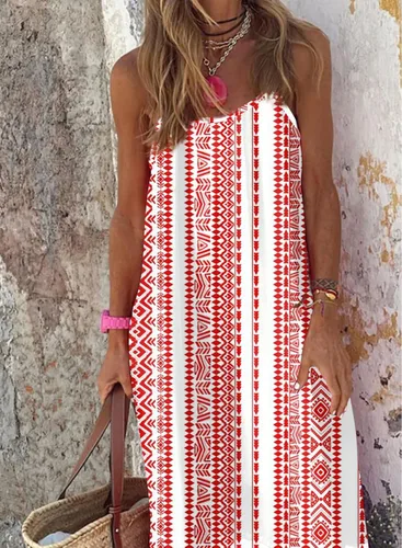 Vista 4 de Dokotoo Vestidos de verano para mujer 2024 con tirantes delgados, cuello redondo, fruncido y volantes, vestido largo bohemio